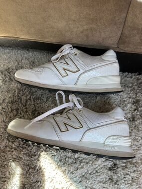 New Balance Used White and Gold Accent Athletic Sneakers
